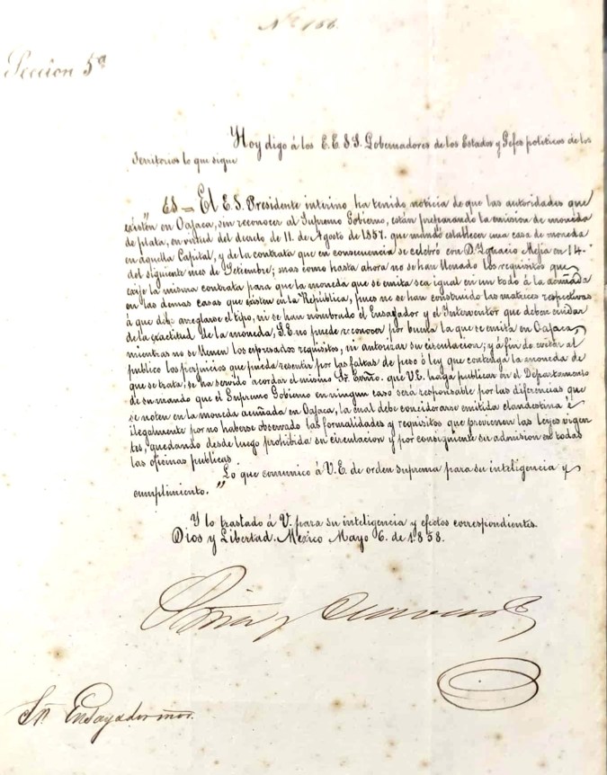 6 de mayo 1858, sobre la calidad de la moneda de Oaxaca