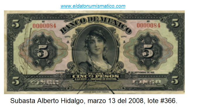 Billete #84, primera serie (A) 1925, de los primeros impresos. 