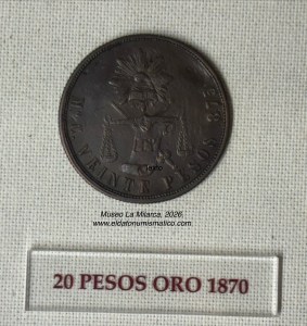 20 Pesos prueba en cobre 1869 y 1870, ceca Mo.